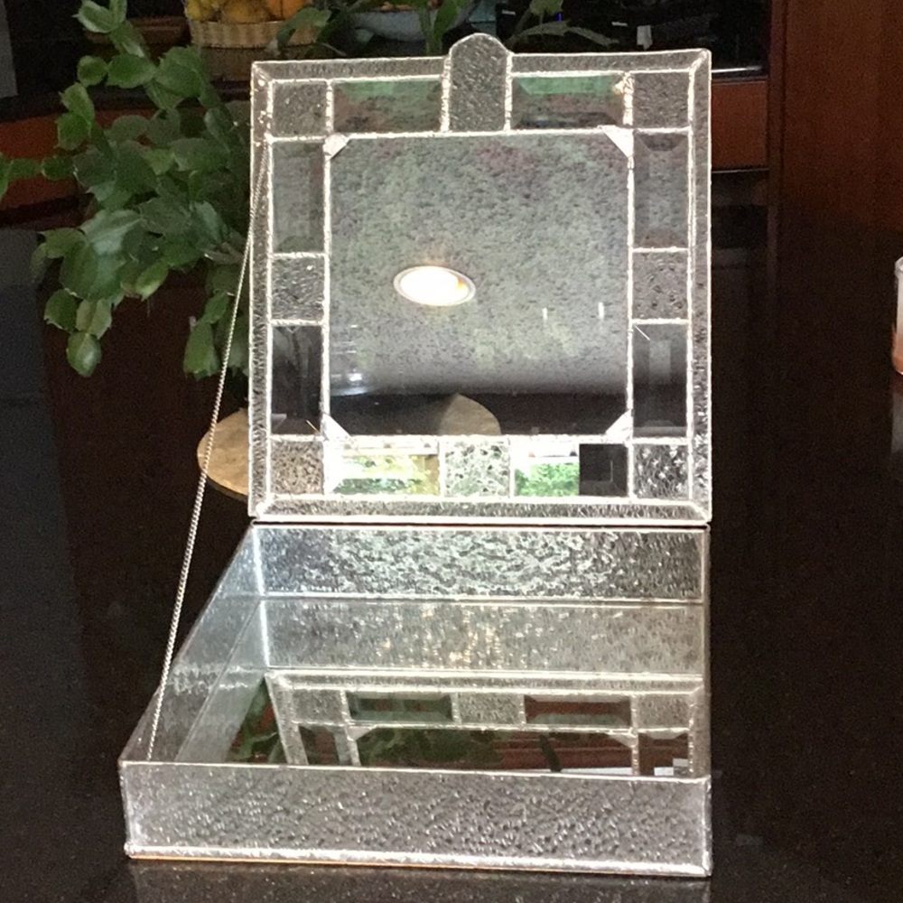 Keepsake box for memories,handcrafted soldered glass, 12x12x2 1/2,mirror bottom